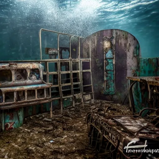 Prompt: abandoned rusty underwater theme park, surreal, horror, eerie, creepy, murky water, underwater, underwater photography, dark, submechanophobia, animatronics,
