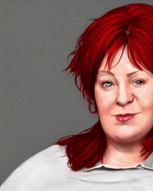 Prompt: portrait of short and plump 5 0 - year - old woman with red hair and, kind face, round face, short hair, molly weasley, wearing in cardigan, hyper realistic face, beautiful eyes, character art, art by mark brooks, hyperdetailed, cryengine, trending on artstation, digital art