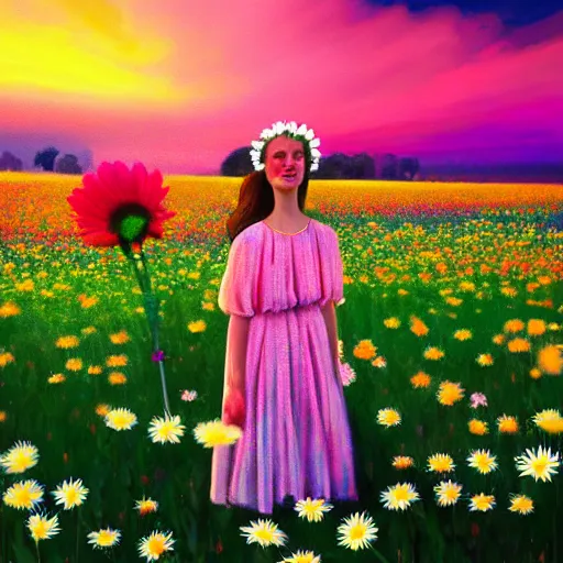 Image similar to full body daisy flower head, girl standing in a flower field, head hidden behind the huge daisy flower, surreal photography, sunrise, dramatic light, impressionist painting, colorful clouds, digital painting, artstation, simon stalenhag