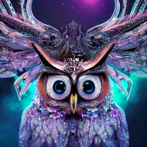 Prompt: detailed portrait of a alien magical owl, wearing a diamond crown, glowing feathers, halfway through, hyper detailed, stylistic, symmetrical, ethereal bohemian, detailed render, hdr, octane render