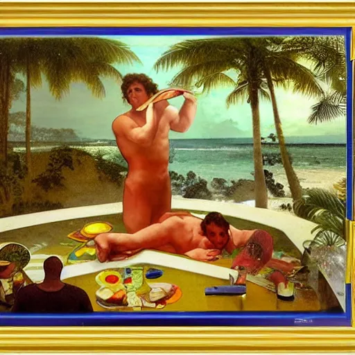 Prompt: The McDonald's Big Mac, extra toppics, mustard, pickles, ketchup, refracted sparkles, thunderstorm, greek pool, beach and Tropical vegetation on the background major arcana sky, by paul delaroche, alphonse mucha and arnold böcklin, hyperrealistic symmetrical 8k, award-winning, very very very detailed