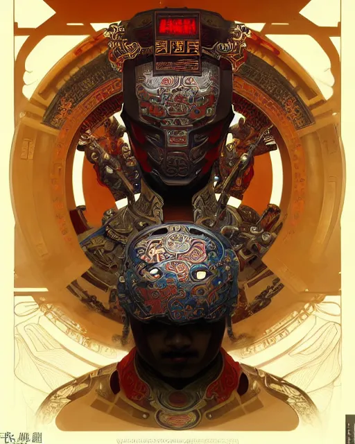 Image similar to portrait of a chinese masculine male cyberpunk machine, machine face, upper half portrait, decorated with chinese opera motifs, muscular, asian, fine china, wuxia, traditional chinese art intricate intense elegant 京 剧 highly detailed digital painting artstation concept art smooth sharp focus illustration, art by artgerm and greg rutkowski alphonse mucha 8 k