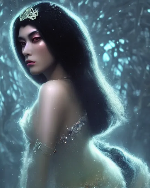Prompt: beauteous sumptuous dark empress with incredible iridescent pearlescent voluminous hair, photorealistic crystalline masterpiece incrustations, hyperdetailed kind face, elegant pose, movie still, cinematic forest lighting, intricate accuracy, octane render, cgsociety, artgerm, unreal engine, crepuscular rays, god rays