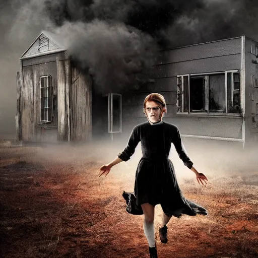 Image similar to a photo of a psychotic Emma watson emerging through smoke in a FEMA emergency camp, extreme terror, frightening, fear, dread, discontent, in the style of Antony gormly and Simon stalenhag and Steve mccurry, photorealistic, 4k, 8k, 16k, highly detailed, very intricate, facing camera, one person only,evil, rule of thirds, insanely detailed and intricate, hypermaximalist, elegant, ornate, hyper realistic, super detailed