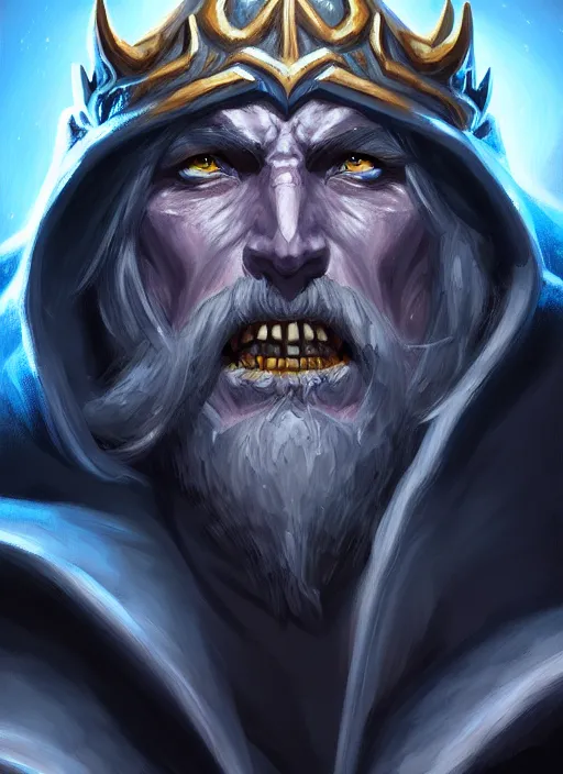 Image similar to portrait painting of lich king, acrylic, daz. detailed, portrait, oil painting, artstation, unreal 5, hd, artgerm, dnd, rpg