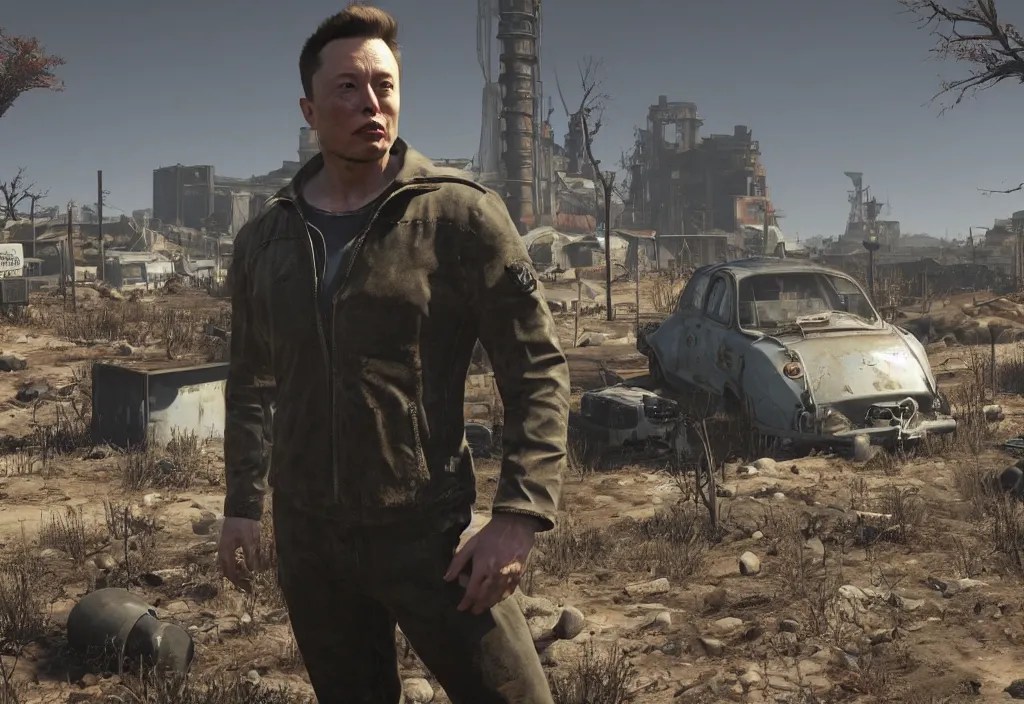 Image similar to elon musk in the video game in fallout 4, apocalyptic wastland, close up, 3 d rendering. unreal engine. amazing likeness. very detailed.