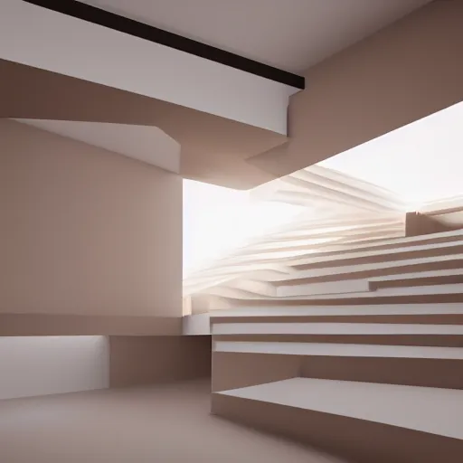 Prompt: 3d render of a liminal space beige and light brown and white colors, abstract interior design, stairs, modernistic, octane render, 8k