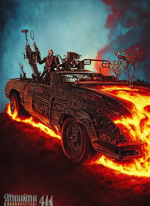 Image similar to portrait of a punk man driving a burning man car, background is on fire, mad max style, warhammer 40000, cyberpunk, intricate, highly detailed, digital painting, artstation, concept art, smooth, sharp focus, illustration, art by Amano and Karol_Bak and artgerm and greg rutkowski and alphonse mucha and Gustav Klimt and Kojima