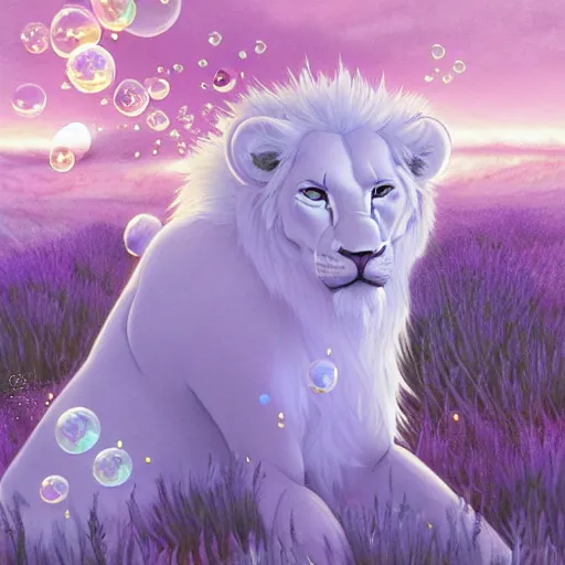 Prompt: aesthetic portrait commission of a albino male furry anthro lion under a lavender tree surrounded by by soap bubbles while wearing a masculine cozy soft pastel winter outfit, softest winter atmosphere. character design by artgerm, and makoto shinkai, detailed, inked, western comic book art, 2 0 2 0 award winning painting