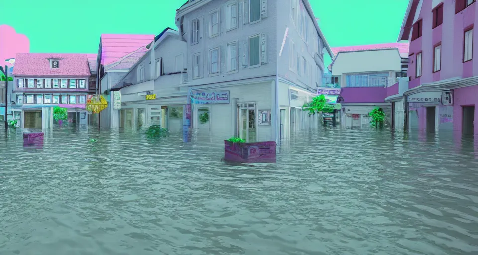 Image similar to 80s vaporwave outrun 3d Render of a german town being flooded, liminal space retro, grainy, noisy