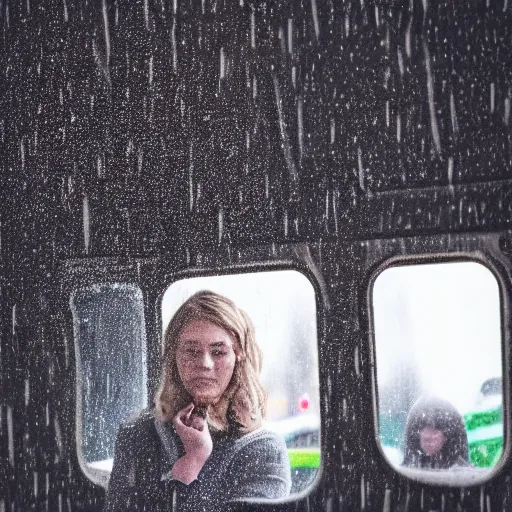 Prompt: Cinematic portrait photo of a woman looking through the window of a bus on a rainy day, long exposure