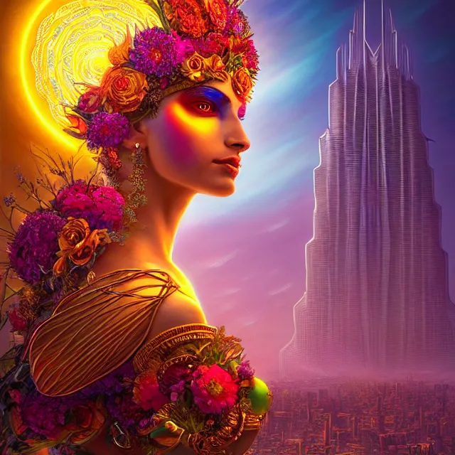 Prompt: Beautiful 3d render of the flower queen goddess in a sensual pose, centered, symmetry, with the third eye on her forehead, painted, intricate, volumetric lighting, beautiful, rich deep colours masterpiece, sharp focus, ultra detailed, in the style of Dan Mumford and marc simonetti, with a clear crowded futuristic cyberpunk dubai city in the background, astrophotography