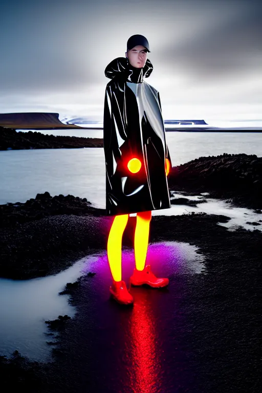 Image similar to an ultra high definition professional high fashion portrait studio full length photograph of a model wearing a transparent pearlescent raincoat and neon visor in an icelandic black rock environment at dawn. no artefacts. extremely detailed. stark. refraction. shallow depth of field. volumetric light and shadow. ray tracing. light rays.