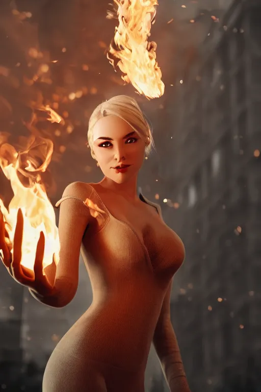 Prompt: gorgeous blonde woman with fire in her hand, futurist city, realistic, high definition, many details, art of unreal engine 5