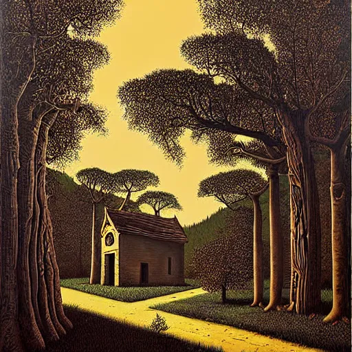 Image similar to an ancient village in the woods, painting by jeffrey smith