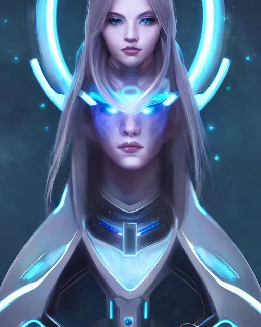 Image similar to perfect android girl on a mothership, warframe armor, beautiful face, scifi, futuristic, galaxy, nebula, raytracing, dreamy, long white hair, blue cyborg eyes, sharp focus, cinematic lighting, highly detailed, artstation, divine, by gauthier leblanc, kazuya takahashi, huifeng huang