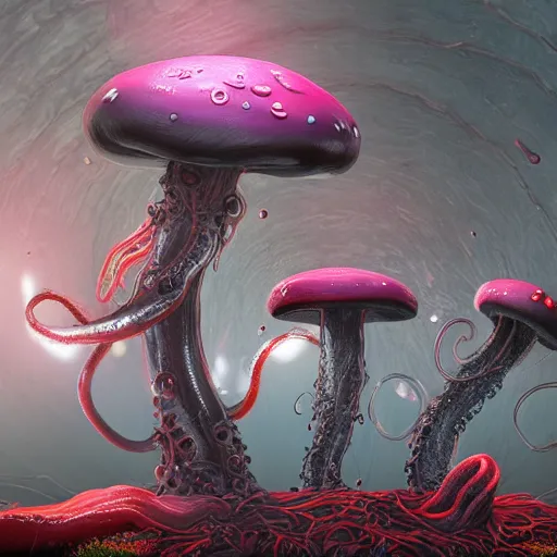 Image similar to !dream an alien mushroom with tentacles, a red cap, oozing black goo melty, drippy, unreal engine