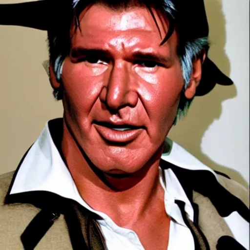 Prompt: Harrison Ford dressed as Elvis sitting on the toilet red in the face with eyes crossed