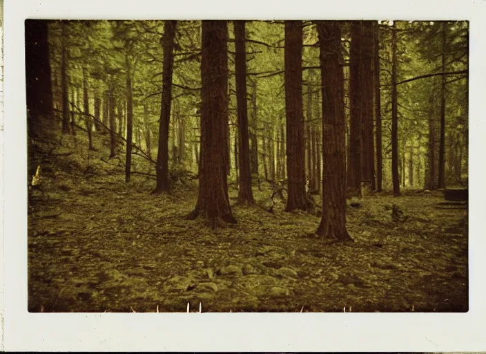 Image similar to aged blurry polaroid photograph of a forest at dusk