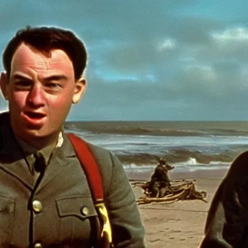 Image similar to Bert and Ernie storming Omaha beach in the movie saving private ryan