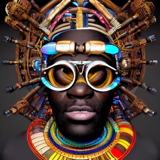 Prompt: colourful vfx upper half - portrait - art of a african tribal chief wearing steam punk goggles, art by utagawa kunisada & james jean, symmetrical, intricate detail, concept art, volumetric light, ray tracing, caricature, digital illustration, octane 3 d render, unreal engine, sharp, 8 k post process, pinterest, behance, art station,