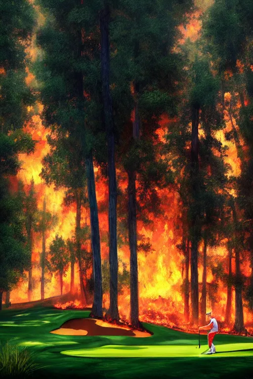 Image similar to golf players on a lush golf course surrended by forests on fire, digital painting, 4k, rays of light, particles light, by sasha kalinkin