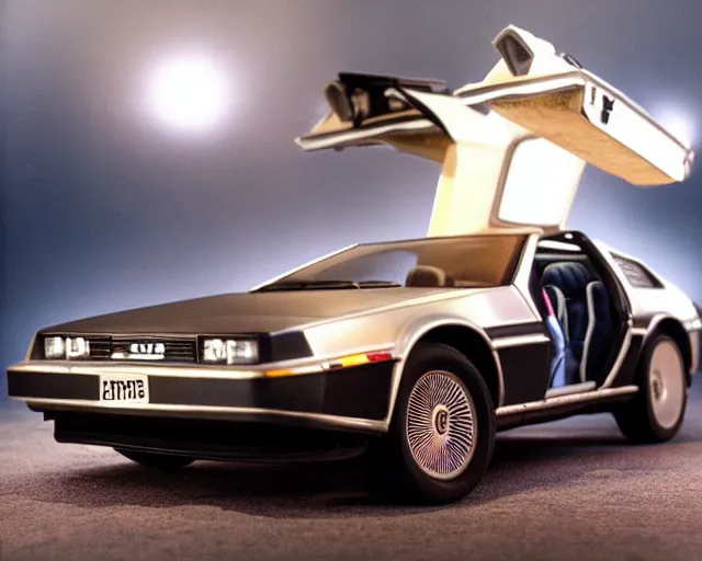 Prompt: fine art studio photo of delorean from bttf, traveling in time, ultra - realistic and intricate, epic lighting