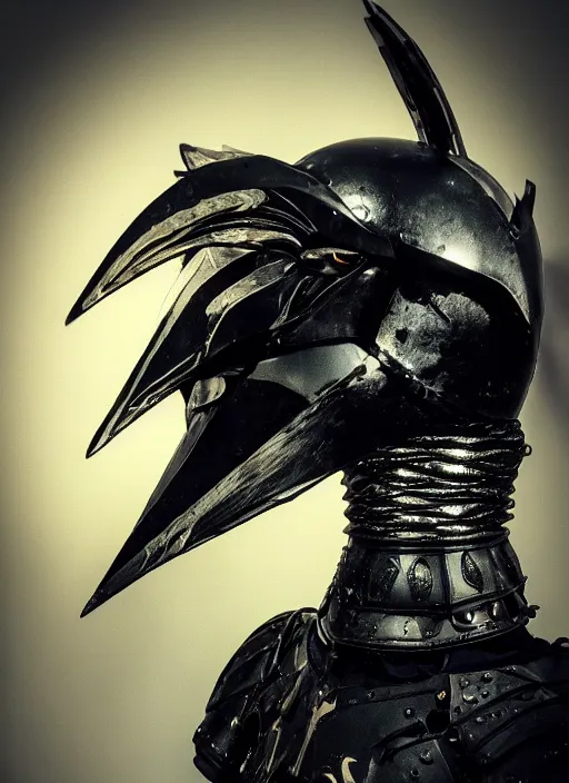Prompt: black metal and carbon fiber crow inspired armor, majestic wings, head helmet like a crow head, vibranium, trending on artstation, hyper detailed, ultra realistic, dramatic light, gothic ambience, blue lights reflection, 4 k,