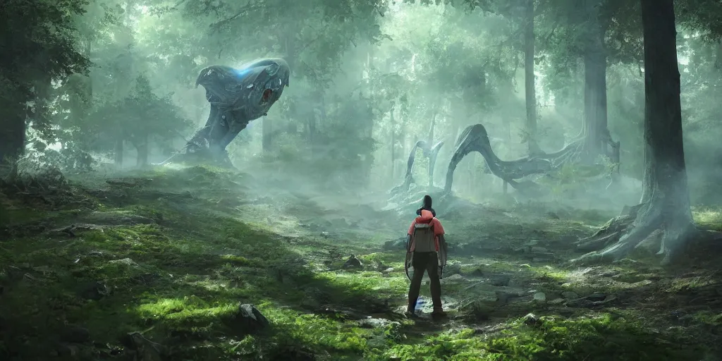 Image similar to a man finding a ancient giant ruined alien spaceship in a forest, anime style, octane render, hyperrealistic, unreal engine 5, fancy lighting, trending on Artstation, highly detailed, high quality, post processed, 8K HDR, 3D render