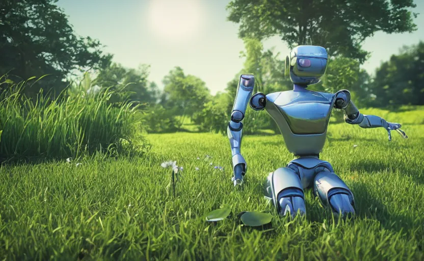 Prompt: close-up of a robot sitting down, reaching to grab a single flower in the grass, utopian grassy landscape background, pond with frogs and lilypads, sun shining through the leaves, 3d render, fantasy, Unreal Engine, octane render, ray tracing, Unity, highly detailed, high quality, HD, 4k, 8k, realistic, sharp, trending