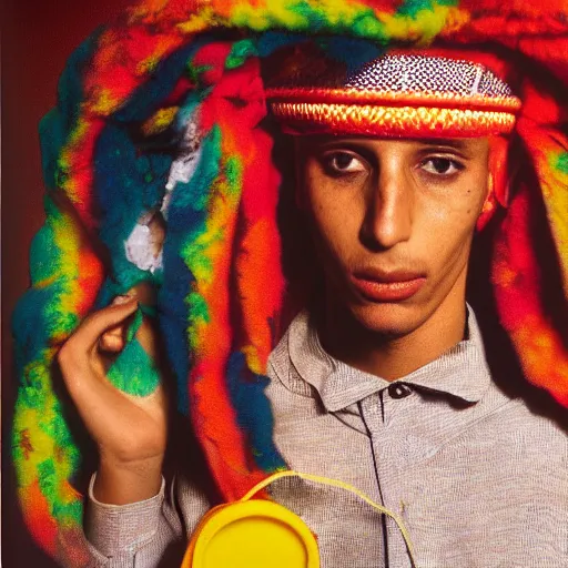 Image similar to A Moroccan McDonalds raver, portrait, by Jamel Shabazz, David Bailey, Derek Ridgers