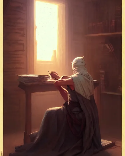 Image similar to old scribe writing a book, pov | | realistic shaded, fine details, realistic shaded lighting poster by greg rutkowski, magali villeneuve, artgerm, jeremy lipkin and michael garmash and rob rey