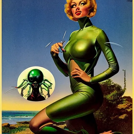 Image similar to beautiful alien extraterrestrial species female babe in a tight fitting silver metallic bikini spacesuit, , big silver head with eyestalk antennae, green skinned, big black almond shaped alien eyes by Mort Kunstler and Gil Elvgren