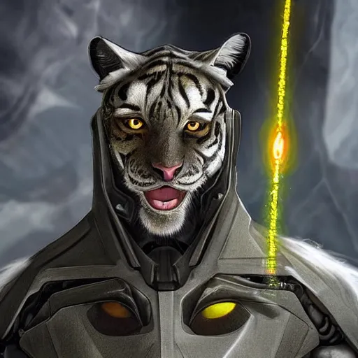 Image similar to a humanoid with cat-like features, yellow eyes, teeth that protrude past the lower lip (sort of like a saber-tooth tiger) and fine grayish fur on their faces and backs of their hands wearing futuristic alien armor and carrying weapons, octane,