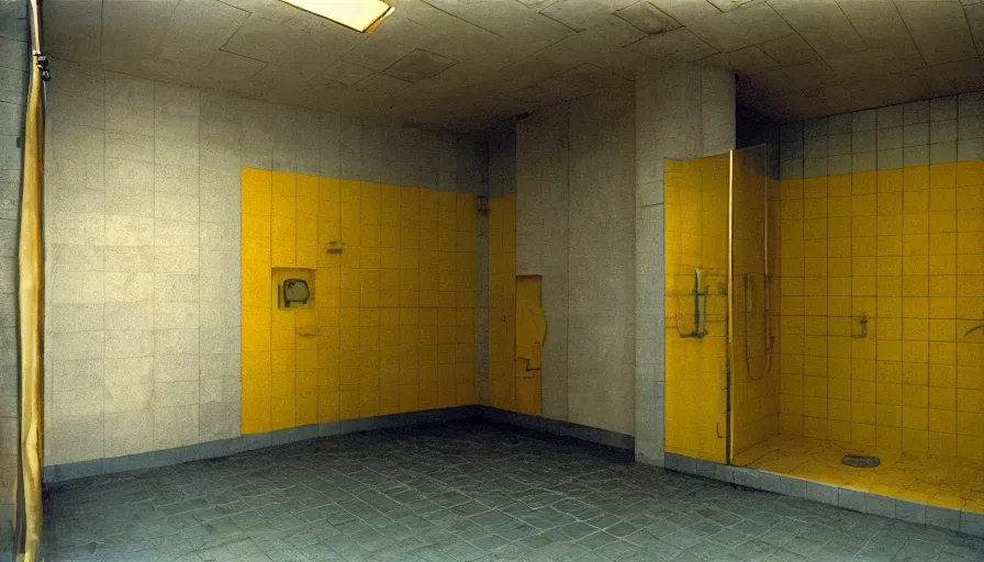 Image similar to 60s movie still of a sovietic stalinist style empty clean prison shower with yellow tiles and tryophobia, cinestill 800t 50mm eastmancolor, liminal Space style, heavy grain