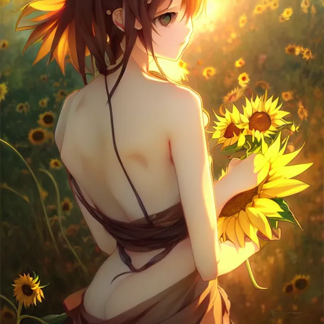 Prompt: beautiful sunflower anime girl, krenz cushart, mucha