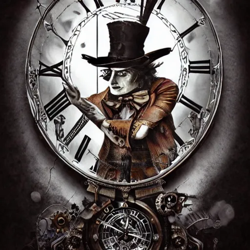 Prompt: The Mad Hatter standing in front of a twisted clock in Gothic-Steampunk style, highly detailed, artstation, intricate, gothic, steampunk, smooth, sharp focus, dark, horror, illustration, art by greg rutkowski and Yuumei, good clear quality, lighting, biology, symmetrical artwork, perfect face, 135 mm, cinematic, hyper realism, high detail, octane render, 8k, crimson highlights