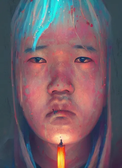 Image similar to colorful character portrait of a chinese prisoner at night lit by the stars, wispy smoke, highly detailed face, very intricate, symmetrical, cinematic lighting, award - winning, painted by mandy jurgens, peter doig, dystopian, bold colors, dark vibes, anime aesthetic, featured on artstation