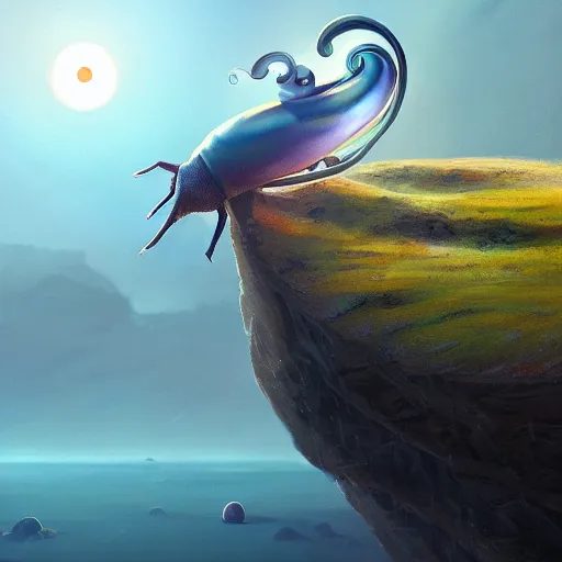 Prompt: A snail on top of a cliff, watching everything slowly get sucked into a blackhole, digital art, artstation, Mandy Jurgens, CGSociety, WLOP