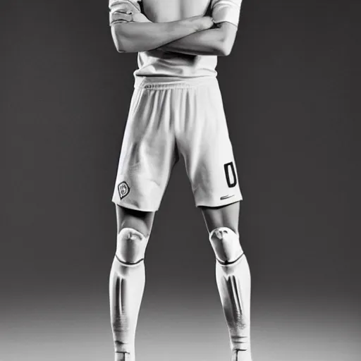 Image similar to a realistic detailed photo of a guy who is an attractive humanoid who is half robot and half humanoid, who is a male android, soccer player martin ødegaard, shiny skin, posing like a statue, blank stare, in a living room, on display, showing off his muscles, with a twin