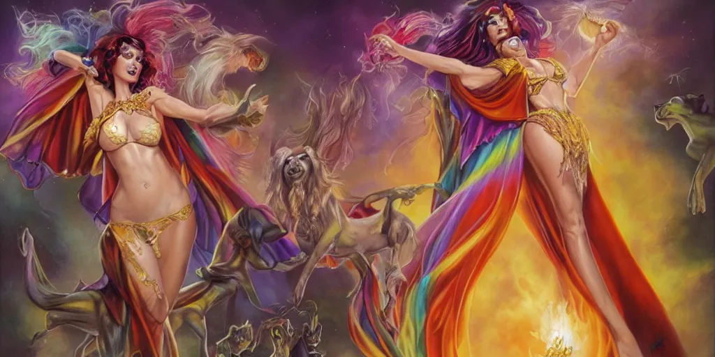 Prompt: Magic sorceress with rainbow sparkling robe, creepy dogs, Boris Vallejo, Julie Bell, Artgerm