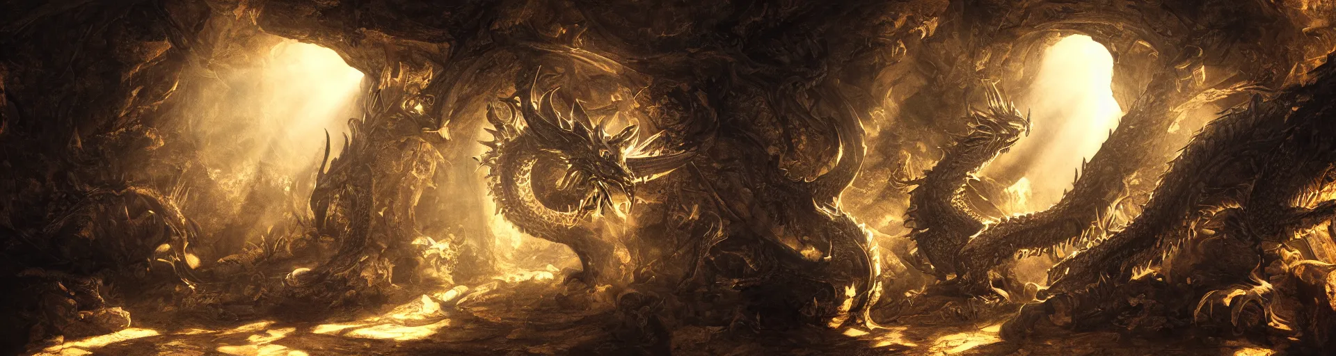 Image similar to A Dragon guards a vast treasure in it's lair, shafts of sunlight appear from missing parts of the interior. Chiaroscuro style painting. 4K.