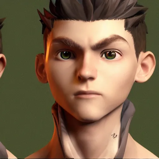 Image similar to a brown haired green eyes boy in a dynamic pose. character design. gesture drawing. line of action. official art, unreal engine 5, unreal engine. tetsuya nomura. medium shot. ray tracing hdr. 8 k. uhd. sharp focus. highly detailed. masterpiece. anime render. cinematic lighting. lifelike. symmetrical face. beautiful face