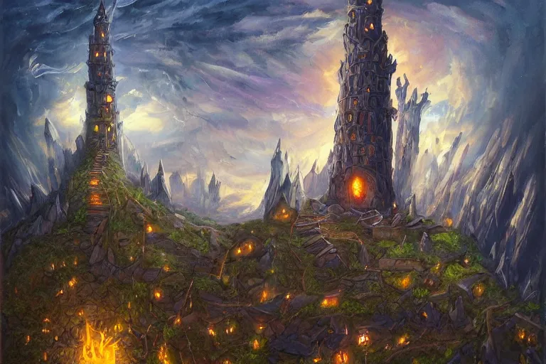 Prompt: oil painting of a sorcerer's magical tower, dark tones, bright flash, ant's eye view, ground view, intricate magic details, wizard tower, bursting with magic, trending on artstation cgmatter deviantart, ground ant perspective, looking up