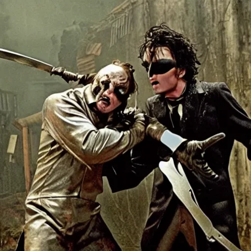 Image similar to Wdward Scissor-hands battling with Freddie Kreuger, cinematic hollywood action sequence, movie-still, gritty-thriller-action-horror