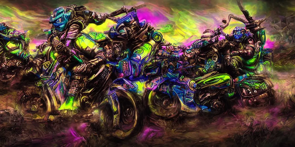 Image similar to psychedelic blacklight airbrush artwork, motorcycles, hyper stylized action shot of orcs in battle armor racing on motorcycles, menacing orcs, drifting, skidding, wheelie, clear focused details, soft airbrushed artwork, black background, post - apocalypse, cgsociety, artstation