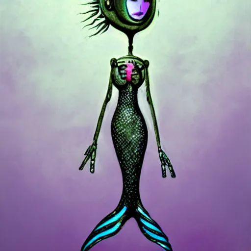 Image similar to a robotic mermaid, art by tim burton