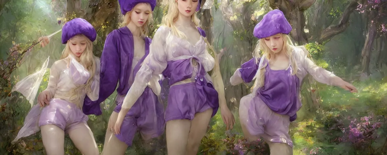 Prompt: Full View of mysterious fairy maidens with short blond hair wearing an oversized purple Beret, Baggy Purple overall shorts, Short Puffy pants made of silk, silk shoes, a big billowy scarf, Golden Ribbons, white leggings Covered in stars. Short Hair. peasant magic. masterpiece 4k digital illustration by Ruan Jia and Mandy Jurgens and Artgerm and greg rutkowski , award winning, Artstation, art nouveau aesthetic, Alphonse Mucha background, intricate details, realistic, panoramic view, Hyperdetailed, 8k resolution, intricate art nouveau, smooth, sharp focus. Rhythmic gymnastics poses