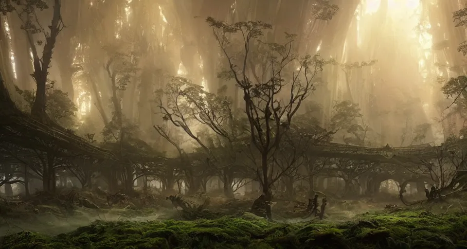 Image similar to Cyber space forest scene, Giant Aztec space city, volumetric light, fog, dusk lighting, intricate details ,by denis villeneuve, Ridley Scott, Greg Rutkowski and Alphonse Mucha