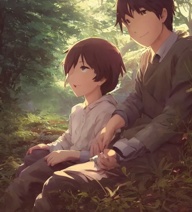 Prompt: a close up of a boy and a girl sitting together in a forest. cute anime eyes. by makoto shinkai, stanley artgerm lau, wlop, rossdraws, james jean, andrei riabovitchev, marc simonetti, krenz cushart, sakimichan, trending on artstation, digital art.